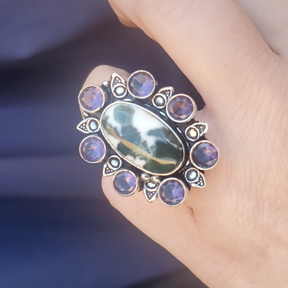 New Tree Agate and Amethyst 925 Silver Statement Ring. - Picture 2 of 16